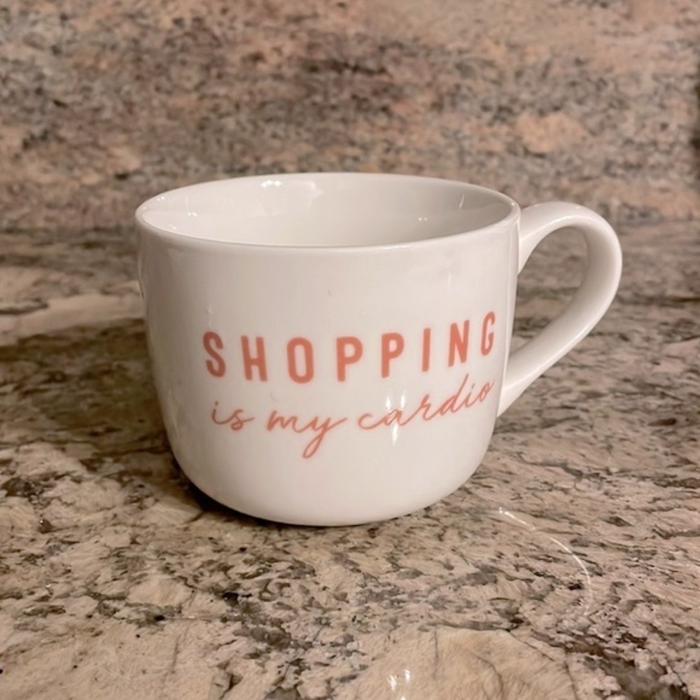 OPALHOUSE 14 ounce SHOPPING is my cardio MUG porcelain white with pink writing